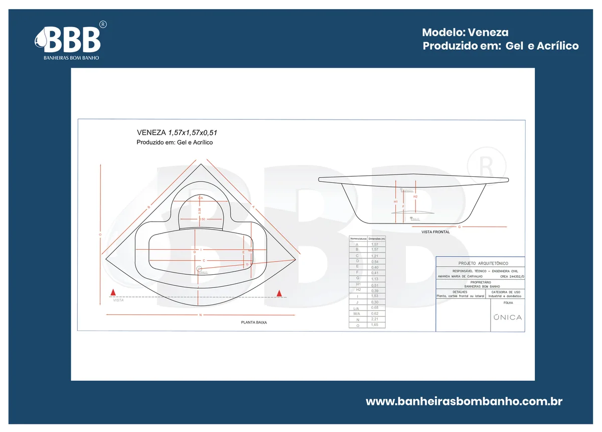Planta técnica oficial da Banheira de Canto Veneza com hidro em acrílico, tamanho 1,57 x 1,57 x 0,51