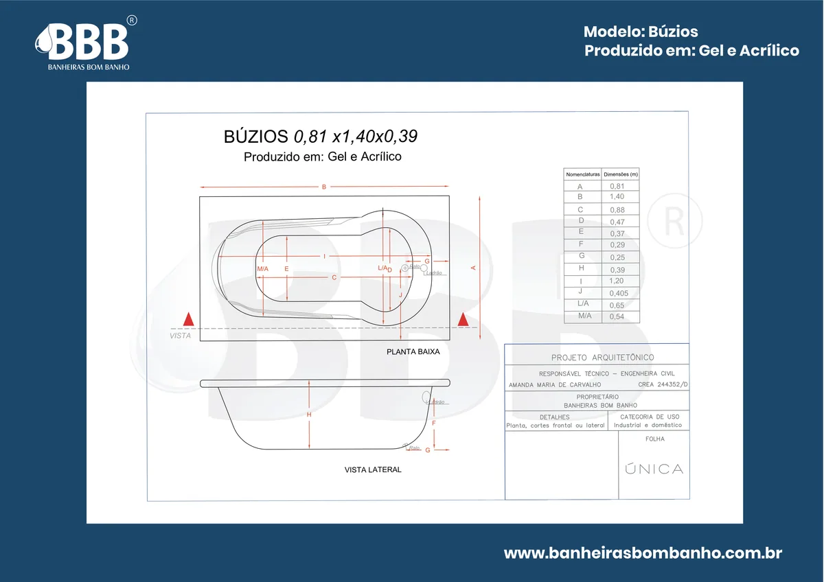 Planta técnica oficial da Banheira Retangular Búzios com hidro, tamanho 0,81 x 1,40 x 0,39