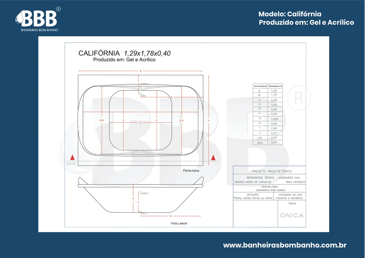 Planta técnica oficial da Banheira Dupla Califórnia COMPLETA com hidro, tamanho 1,29 x 1,78 x 0,40