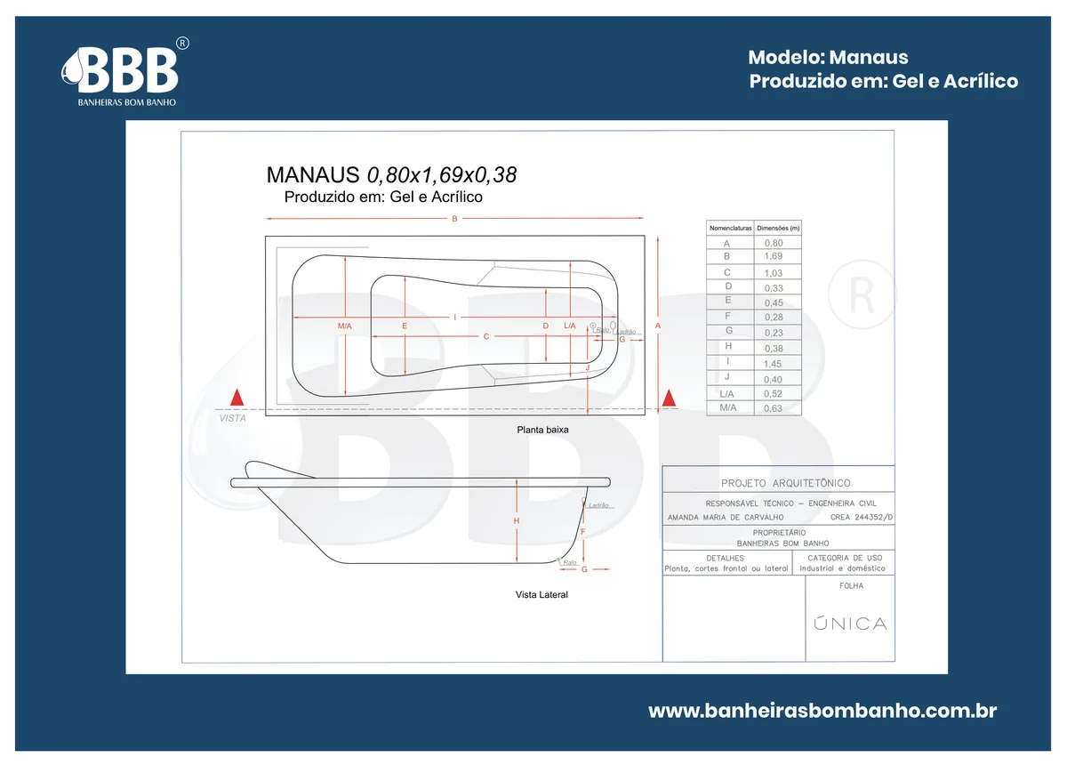 Planta técnica oficial da Banheira Retangular Manaus com hidro, tamanho 0,80 x 1,69 x 0,38