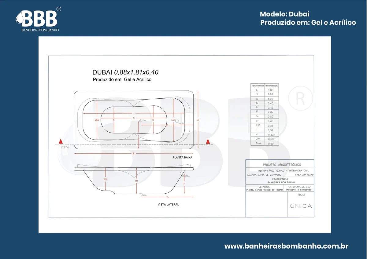 Planta técnica oficial da Banheira Retangular Dubai com hidro, tamanho 0,88 x 1,81 x 0,40