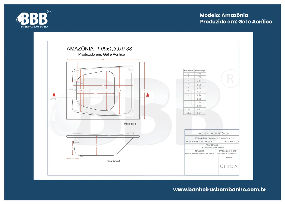 Planta técnica oficial da Banheira Dupla Amazônia COMPLETA com hidro, tamanho 1,09 x 1,39 x 0,38