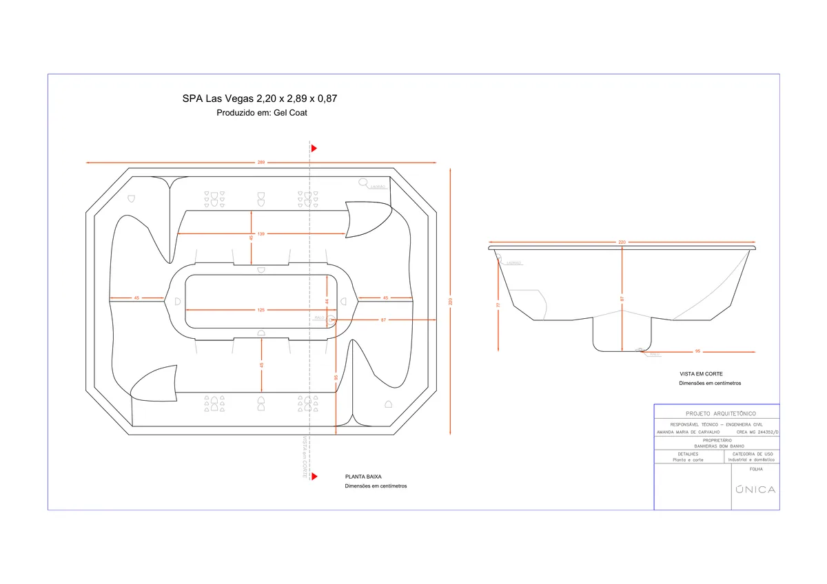 Planta técnica oficial da Spa retangular las vegas Completo com hidro, tamanho 2,20 x 2,89 x 0,87