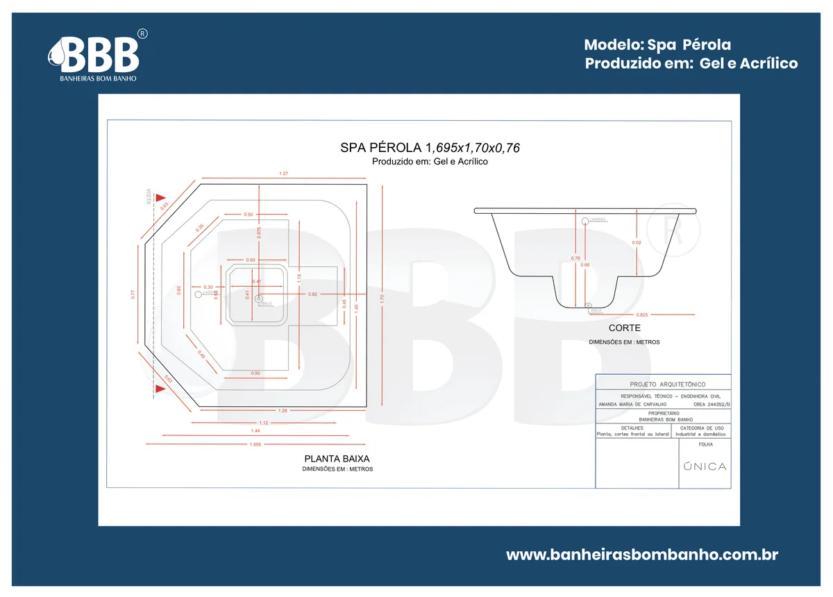 Planta técnica oficial da Spa Quadrado Pérola COMPLETO com hidro, tamanho 1,69 x 1,70 x 0,76