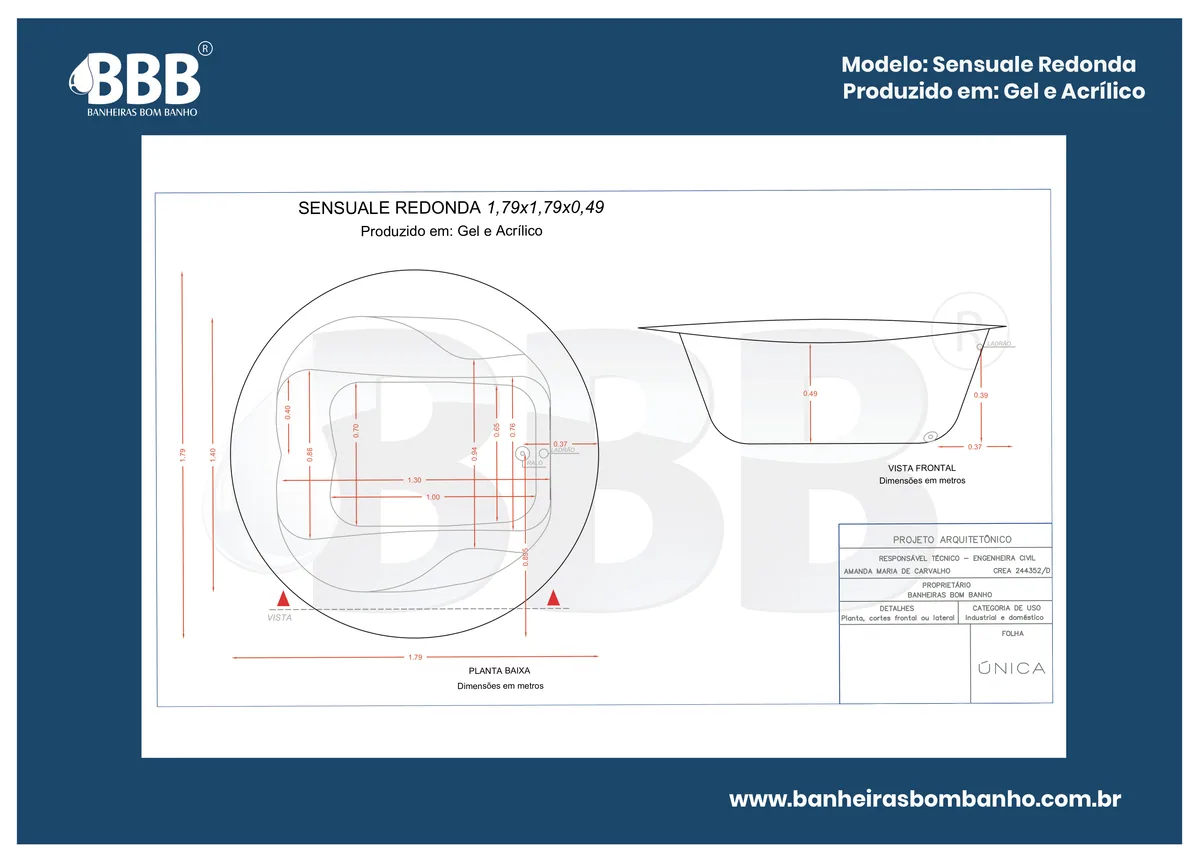 Planta técnica oficial da Banheira Redonda Sensuale COMPLETA com hidro em acrílico, tamanho 1,79 x 1,79 x 0,49