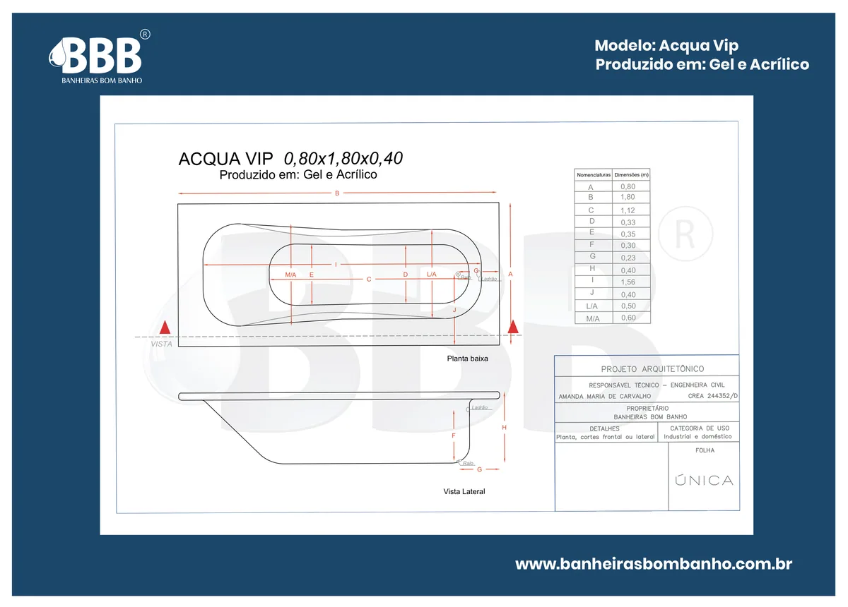 Planta técnica oficial da Banheira Acqua Vip COMPLETA com hidro em Acrílico, tamanho 0,80 x 1,80 x 0,40
