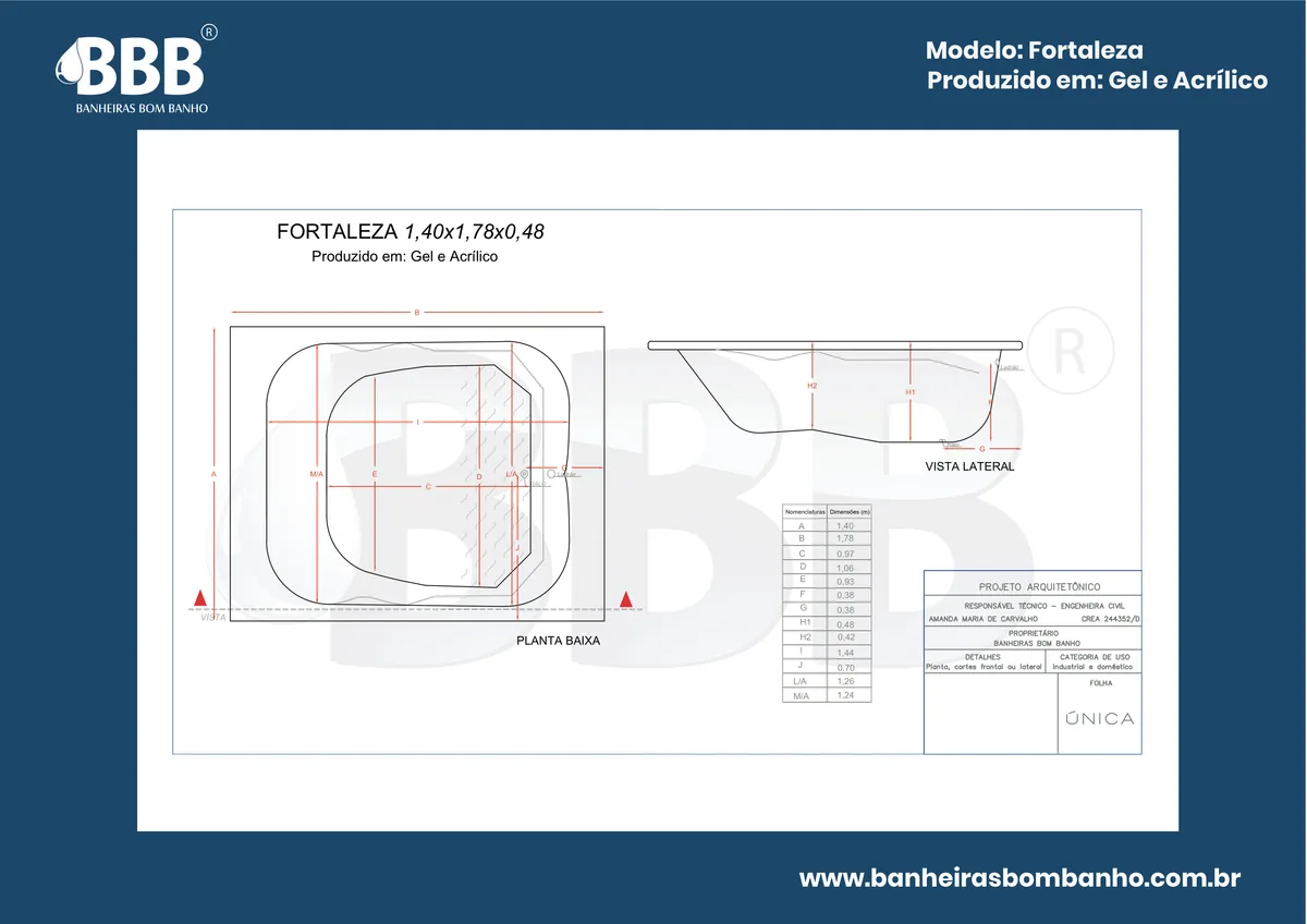 Planta técnica oficial da Banheira Dupla Fortaleza COMPLETA com hidro em acrílico, tamanho 1,40 x 1,78 x 0,48