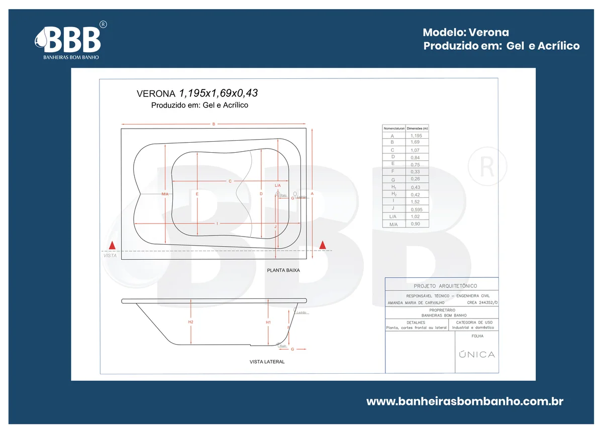 Planta técnica oficial da Banheira Dupla Verona COMPLETA com hidro, tamanho 1,19 x 1,69 x 0,43