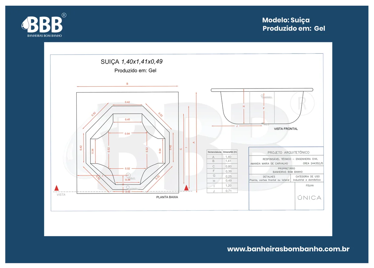 Planta técnica oficial da Banheira Dupla Suiça com hidro, tamanho 1,40 x 1,41 x 0,49