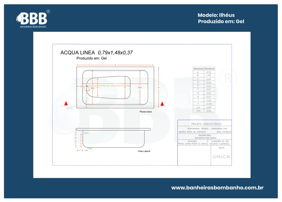 Planta técnica oficial da Banheira Acqua Línea COMPLETA com hidro em Acrílico, tamanho 0,79 x 1,48 x 0,37