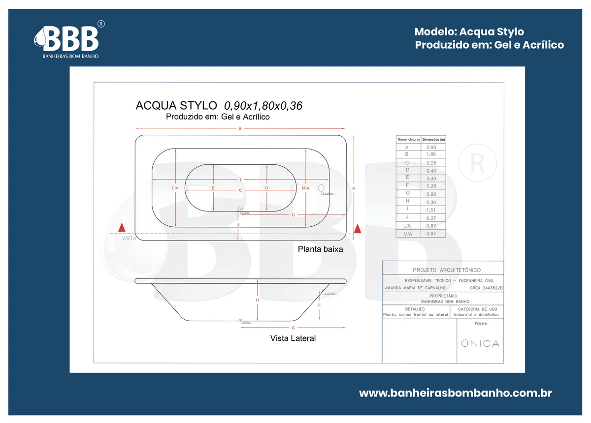 Planta técnica oficial da Banheira Acqua Stylo COMPLETA com hidro, tamanho 0,90 x 1,80 x 0,36
