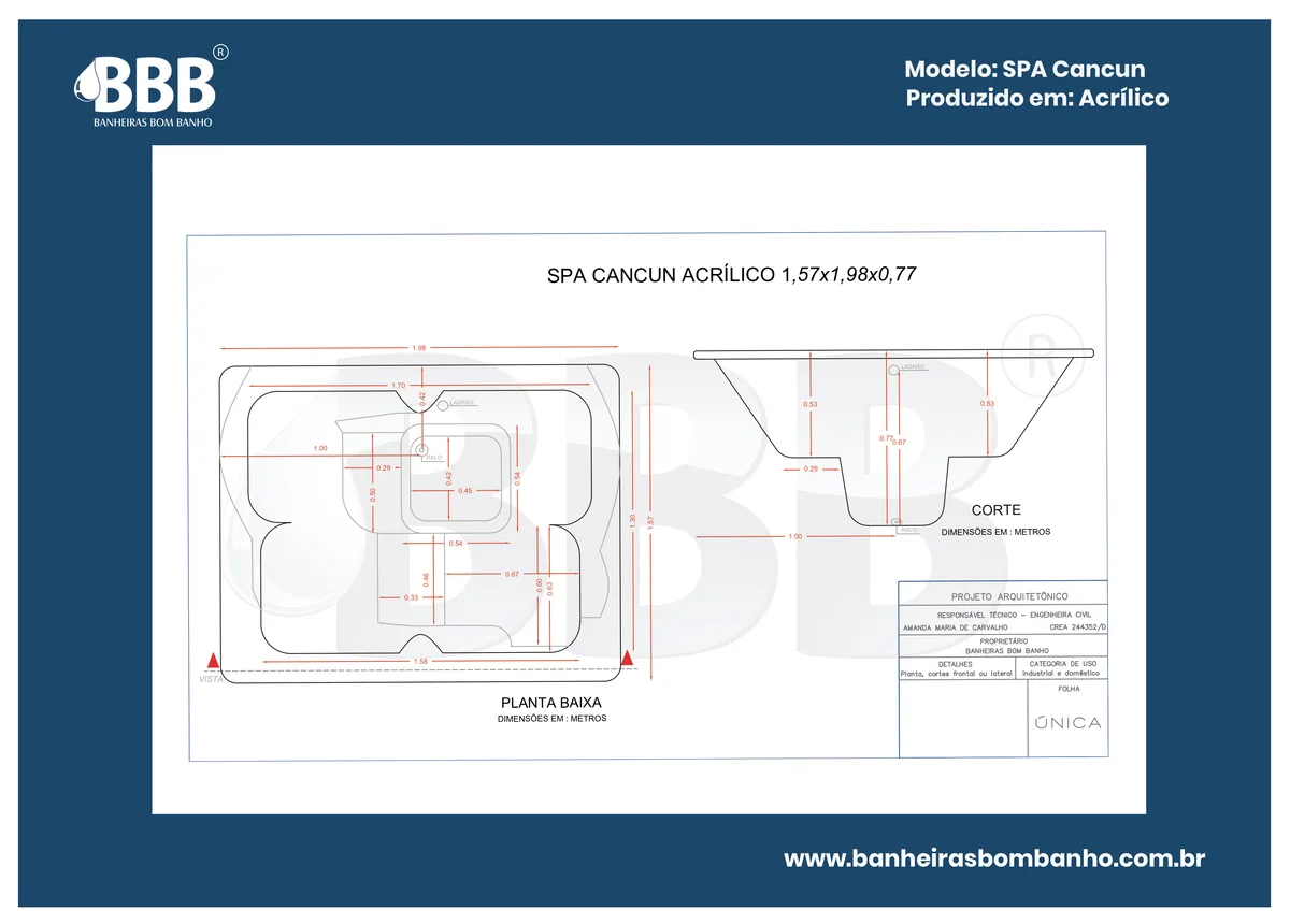 Planta técnica oficial da Spa Quadrado Cancun COMPLETO com hidro em acrílico, tamanho 1,57 x 1,98 x 0,77