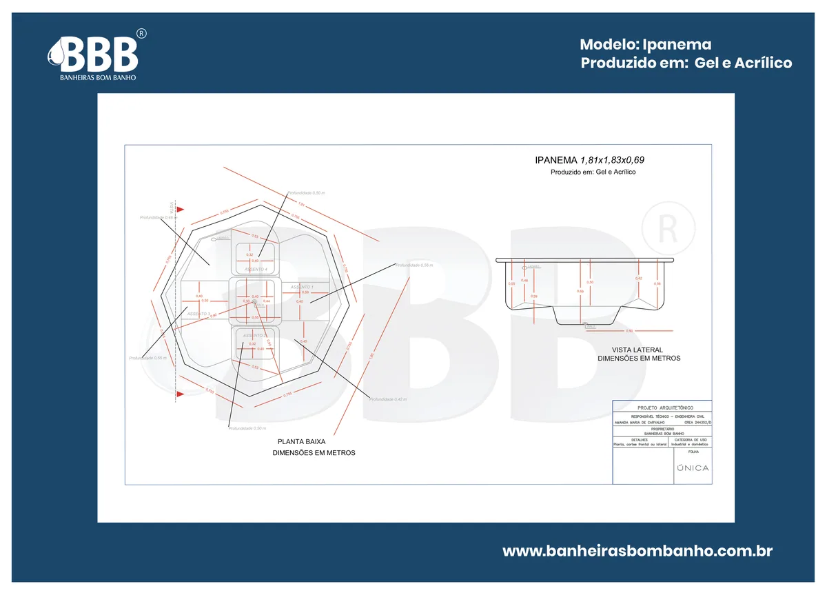 Planta técnica oficial da Spa Redondo Ipanema COMPLETO com hidro, tamanho 1,81 x 1,83 x 0,69
