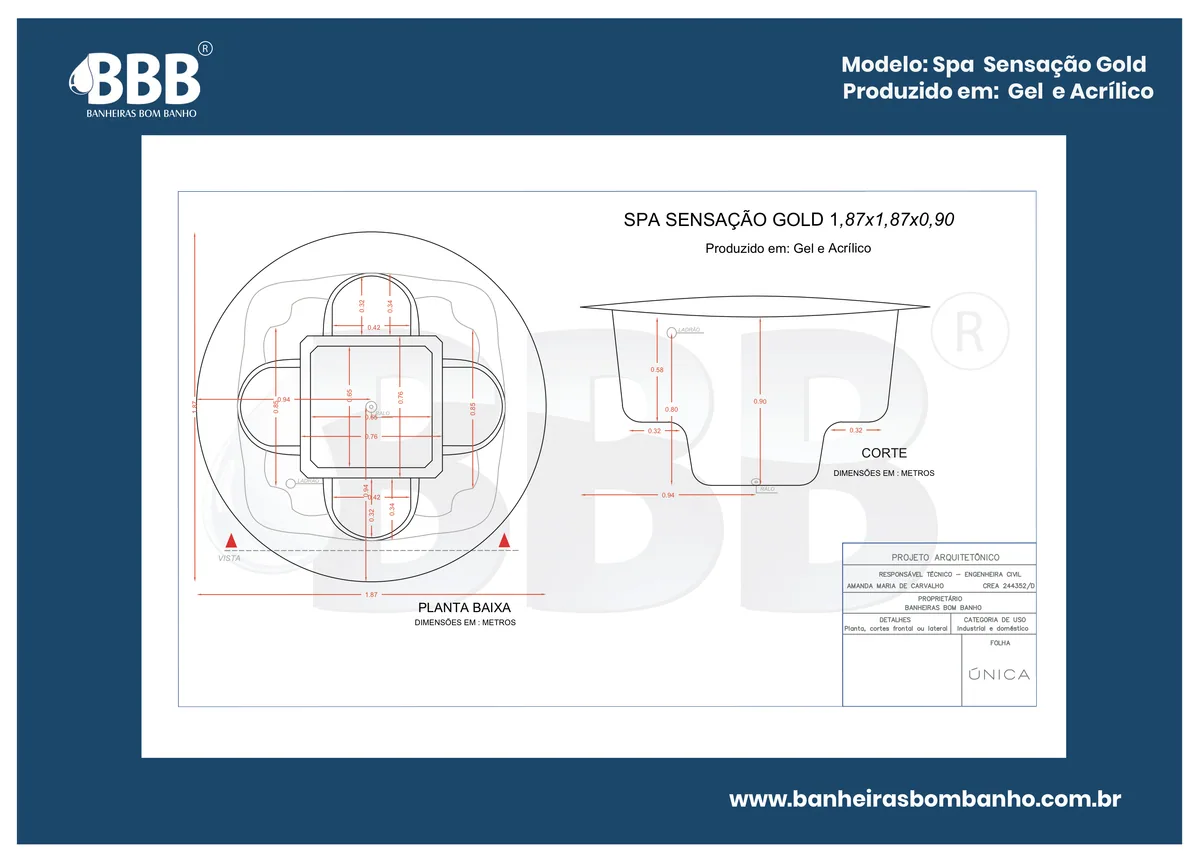 Planta técnica oficial da Spa Redondo Sensação Gold COMPLETO com hidro, tamanho 1,87 x 1,87 x 0,90