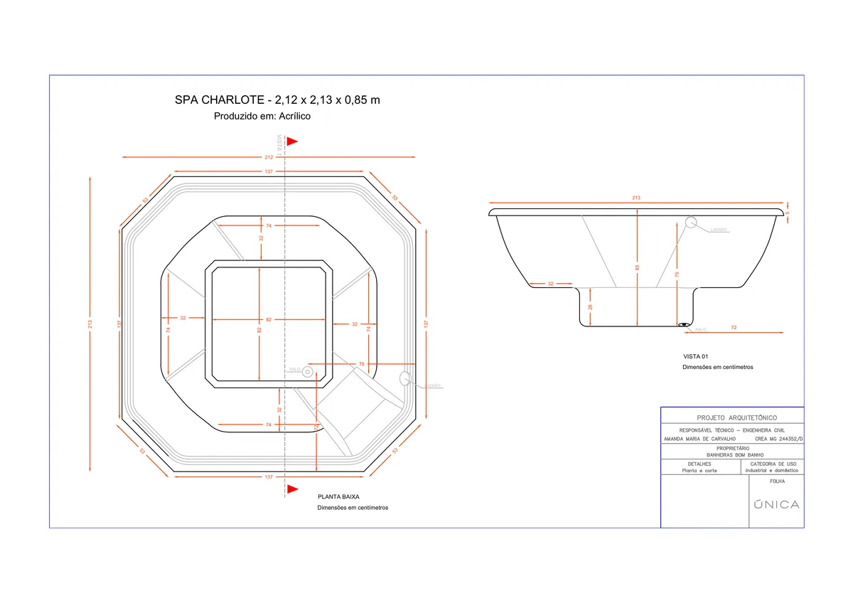 Planta técnica oficial da Spa quadrado charlote Completo com hidro em acrílico, tamanho 2,12 x 2,13 x 0,85