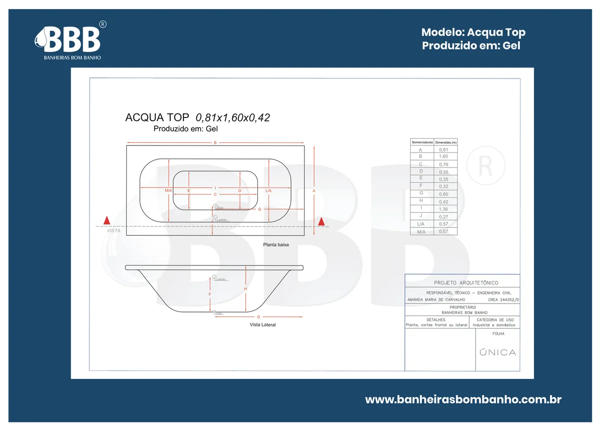 Planta técnica oficial da Banheira Acqua Top COMPLETA com hidro, tamanho 0,81 x 1,60 x 0,42