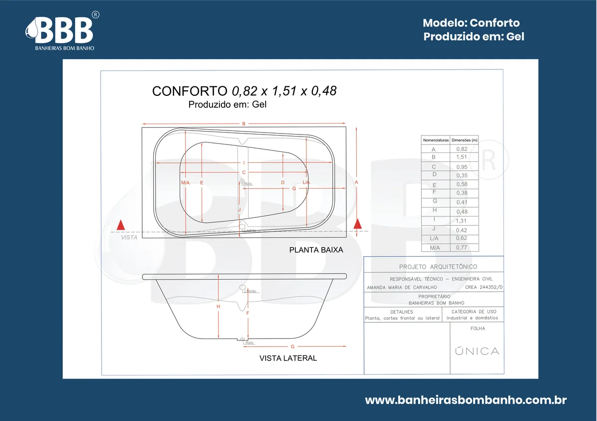 Planta técnica oficial da Banheira Retangular Conforto COMPLETA com hidro, tamanho 0,82 x 1,51 x 0,48