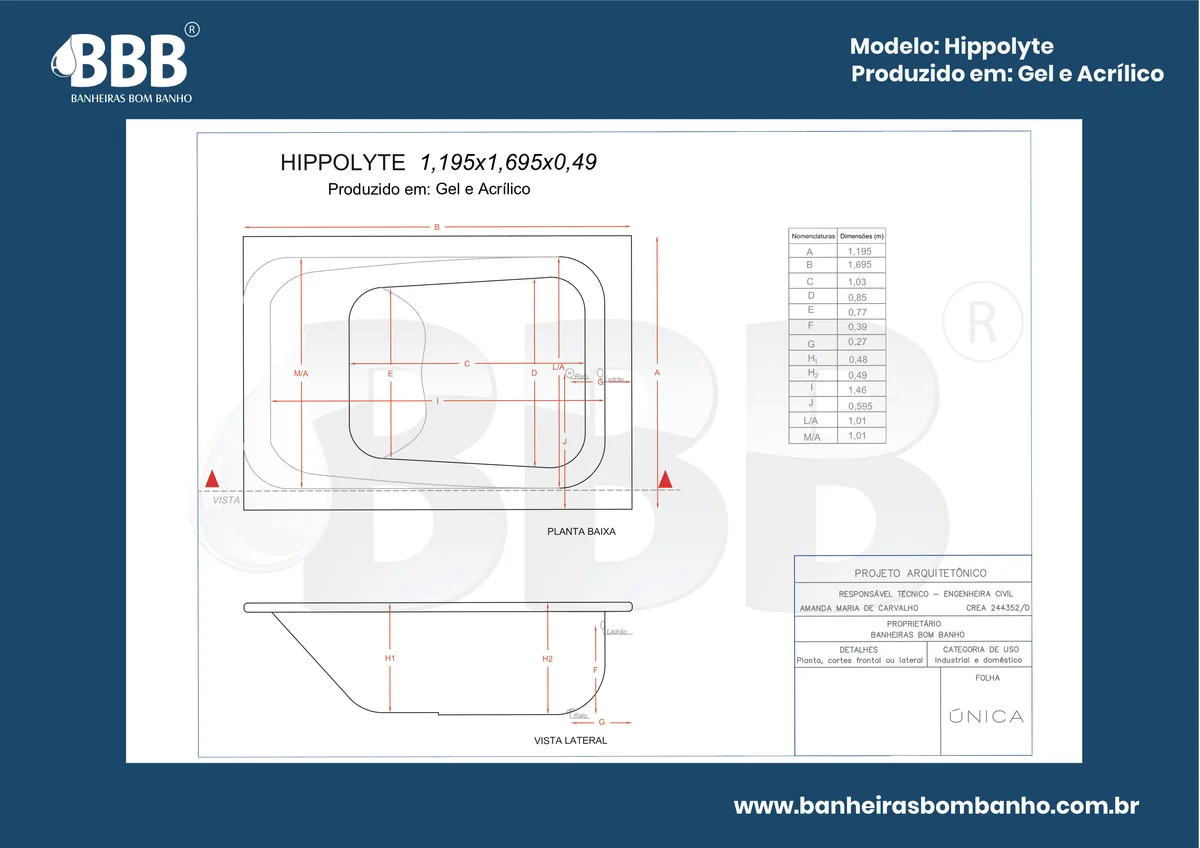 Planta técnica oficial da Banheira Dupla Hippolyte COMPLETA com hidro, tamanho 1,19 x 1,69 x 0,49