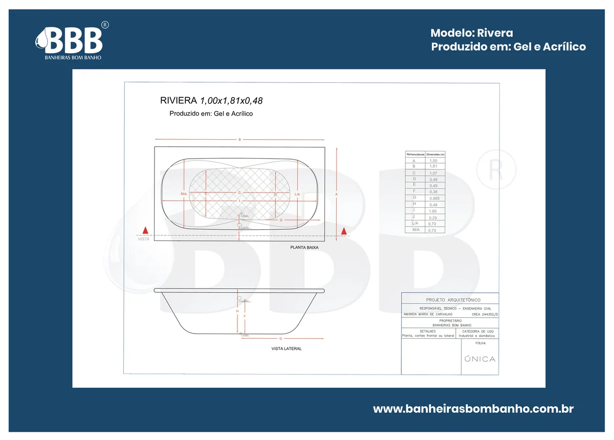 Planta técnica oficial da Banheira individual Riviera COMPLETA com hidro em acrílico, tamanho 1,00 x 1,81 x 0,48