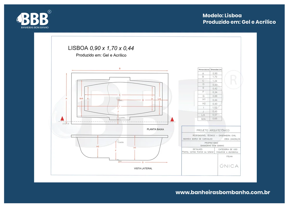 Planta técnica oficial da Banheira Retangular Lisboa COMPLETA com hidro, tamanho 0,90 x 1,70 x 0,44