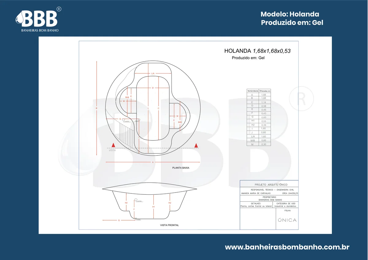 Planta técnica oficial da Banheira Redonda Holanda COMPLETA com hidro, tamanho 1,68 x 1,68 x 0,53