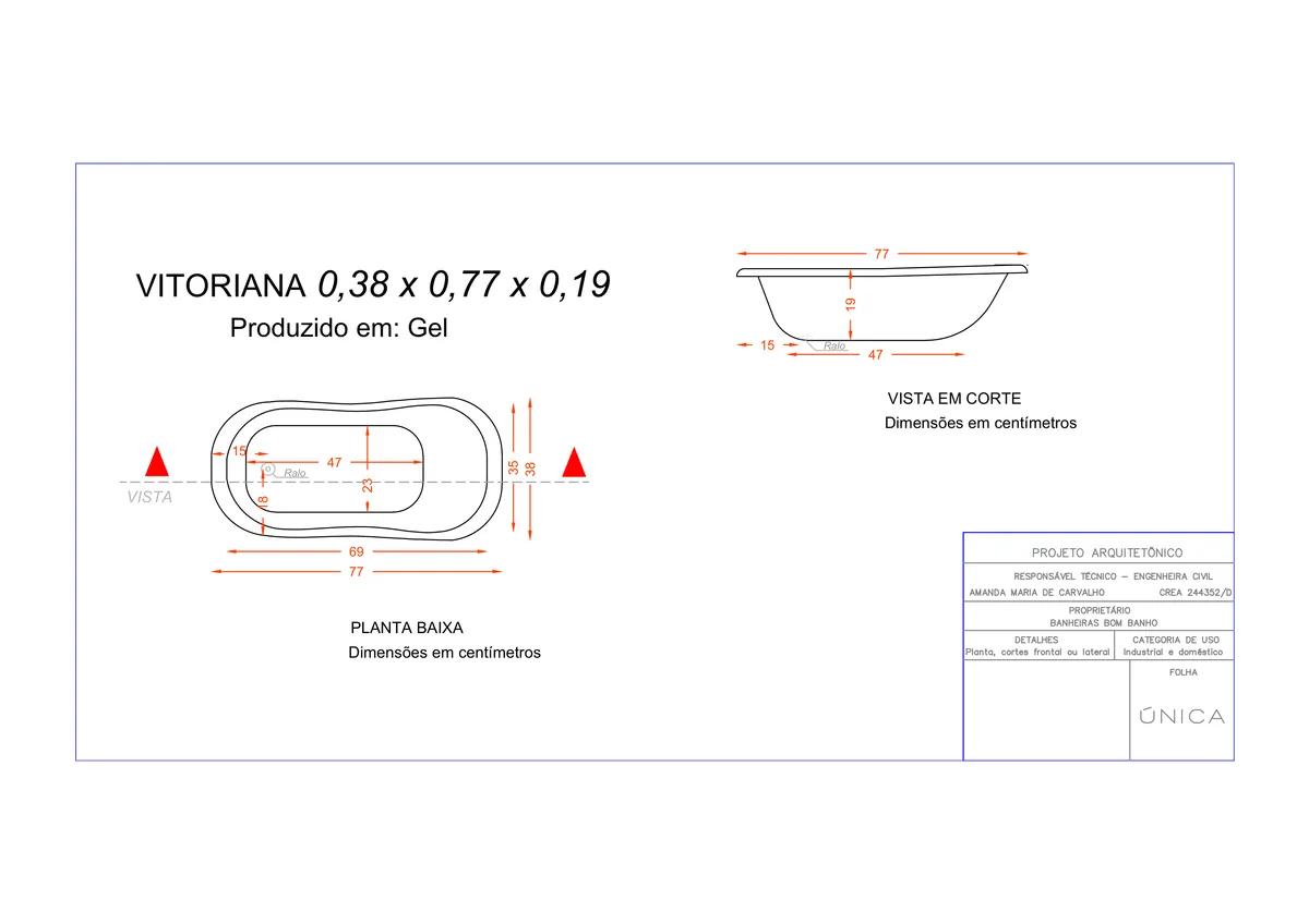 Planta técnica oficial da Banheira Vitoriana para Pets 0,38 x 0,77 x 0,19, tamanho 0,38m x 0,77m x 0,19m