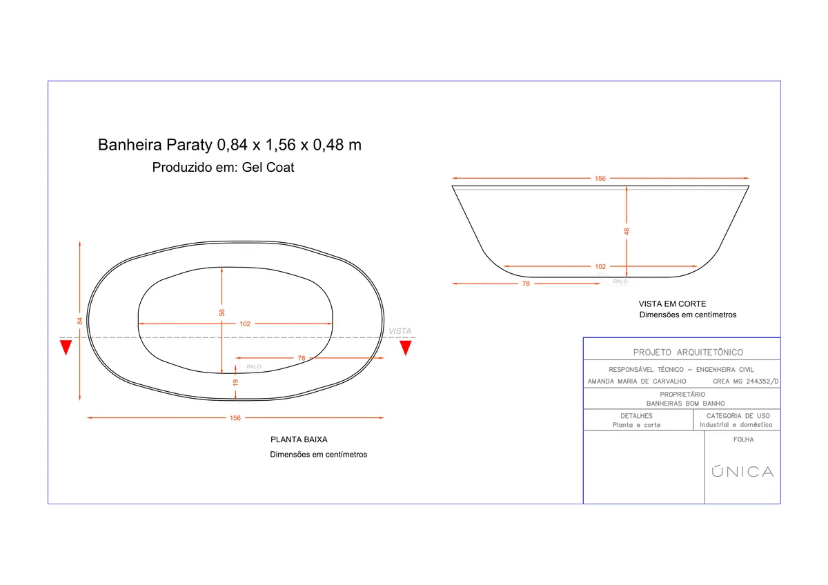 Planta técnica oficial da Banheira Contemporânea Paraty SEM HIDRO, tamanho 0,84 x 1,56 x 0,48