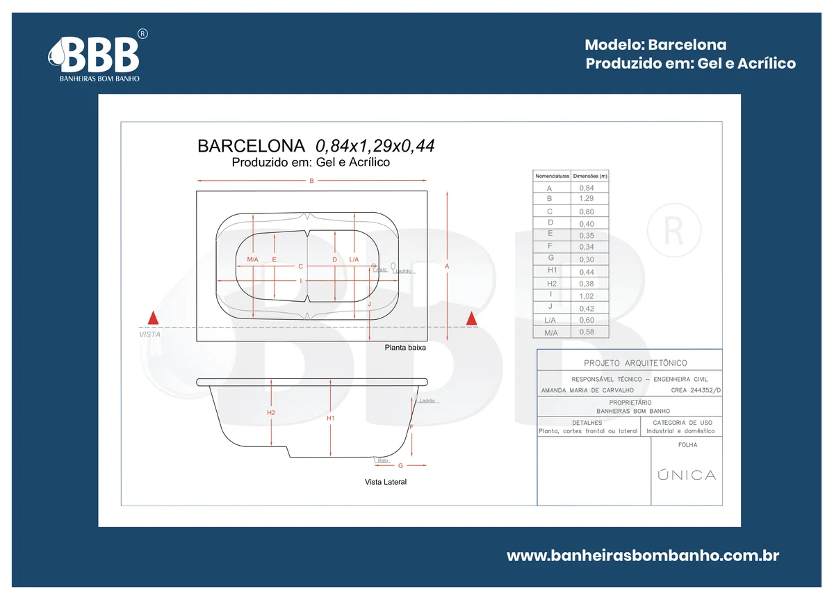 Planta técnica oficial da Banheira Retangular Barcelona com hidro, tamanho 0,84 x 1,29 x 0,44