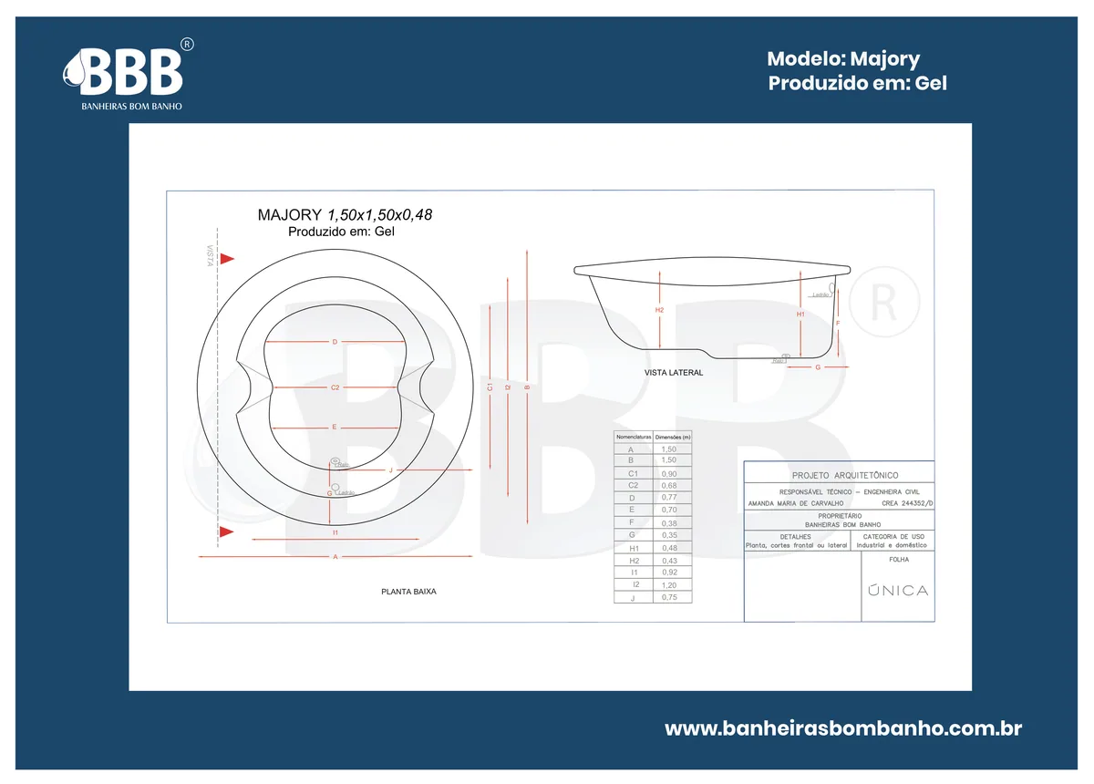 Planta técnica oficial da Banheira Redonda Majory COMPLETA com hidro, tamanho 1,50 x 1,50 x 0,48