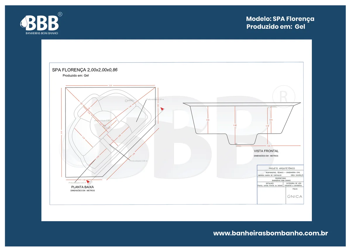 Planta técnica oficial da Spa de Canto Florença COMPLETO com hidro, tamanho 2,00 x 2,00 x 0,86