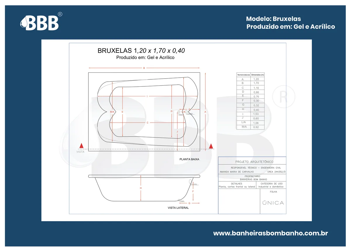 Planta técnica oficial da Banheira Dupla Bruxelas com hidro em acrílico, tamanho 1,20 x 1,70 x 0,40