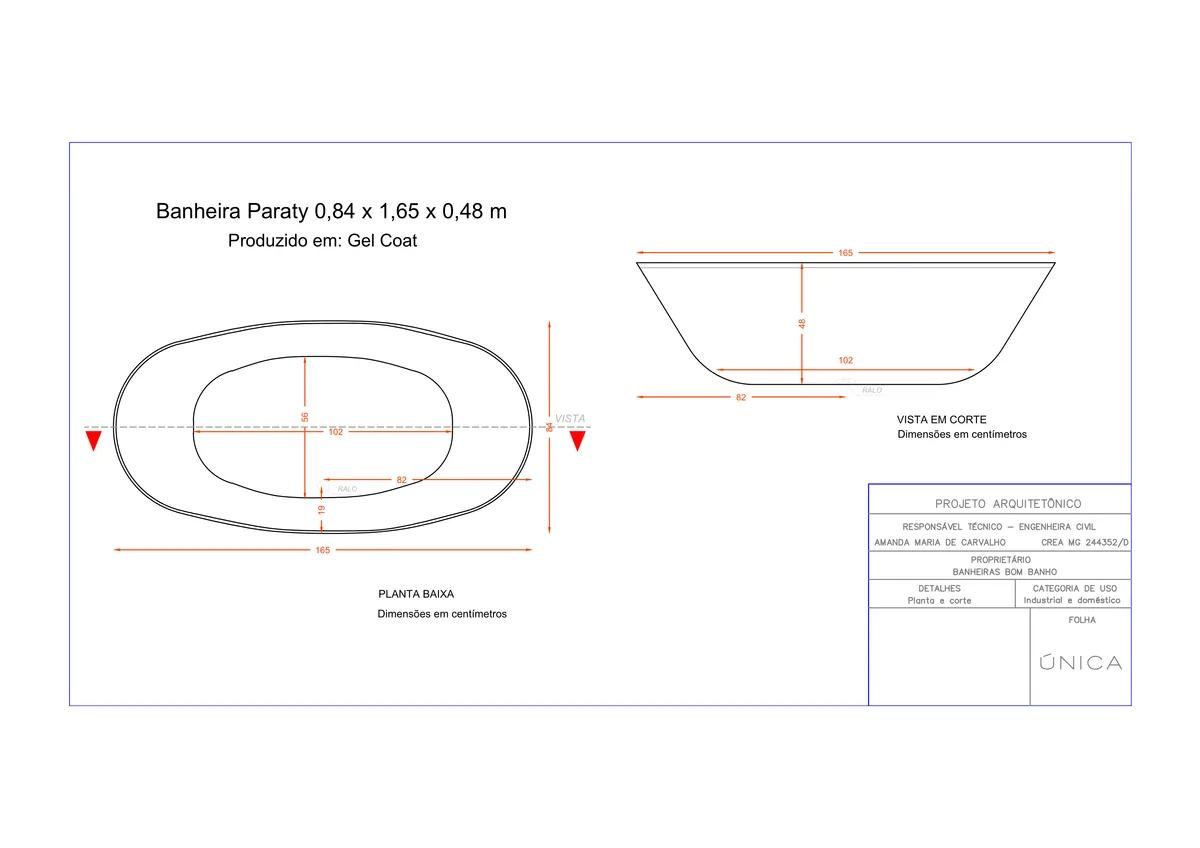 Planta técnica oficial da Banheira Contemporânea Paraty SEM HIDRO, tamanho 0,84 x 1,65 x 0,48 + R$1.360,75