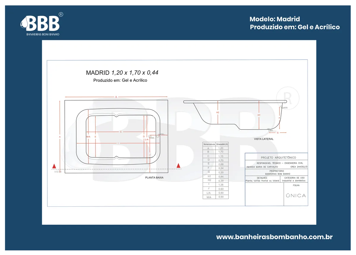 Planta técnica oficial da Banheira Dupla Madrid COMPLETA com hidro, tamanho 1,20 x 1,70 x 0,44