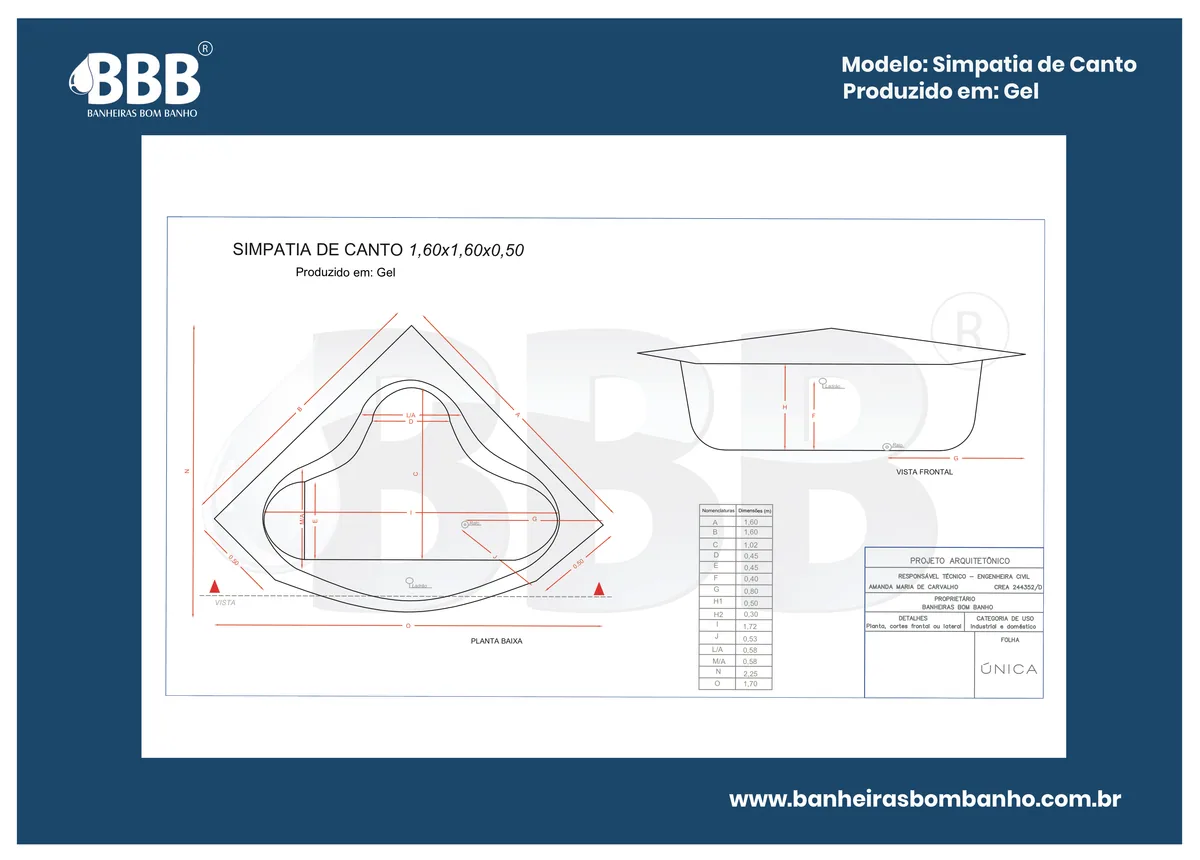 Planta técnica oficial da Banheira de Canto Simpatia COMPLETA com hidro, tamanho 1,60 x 1,60 x 0,50