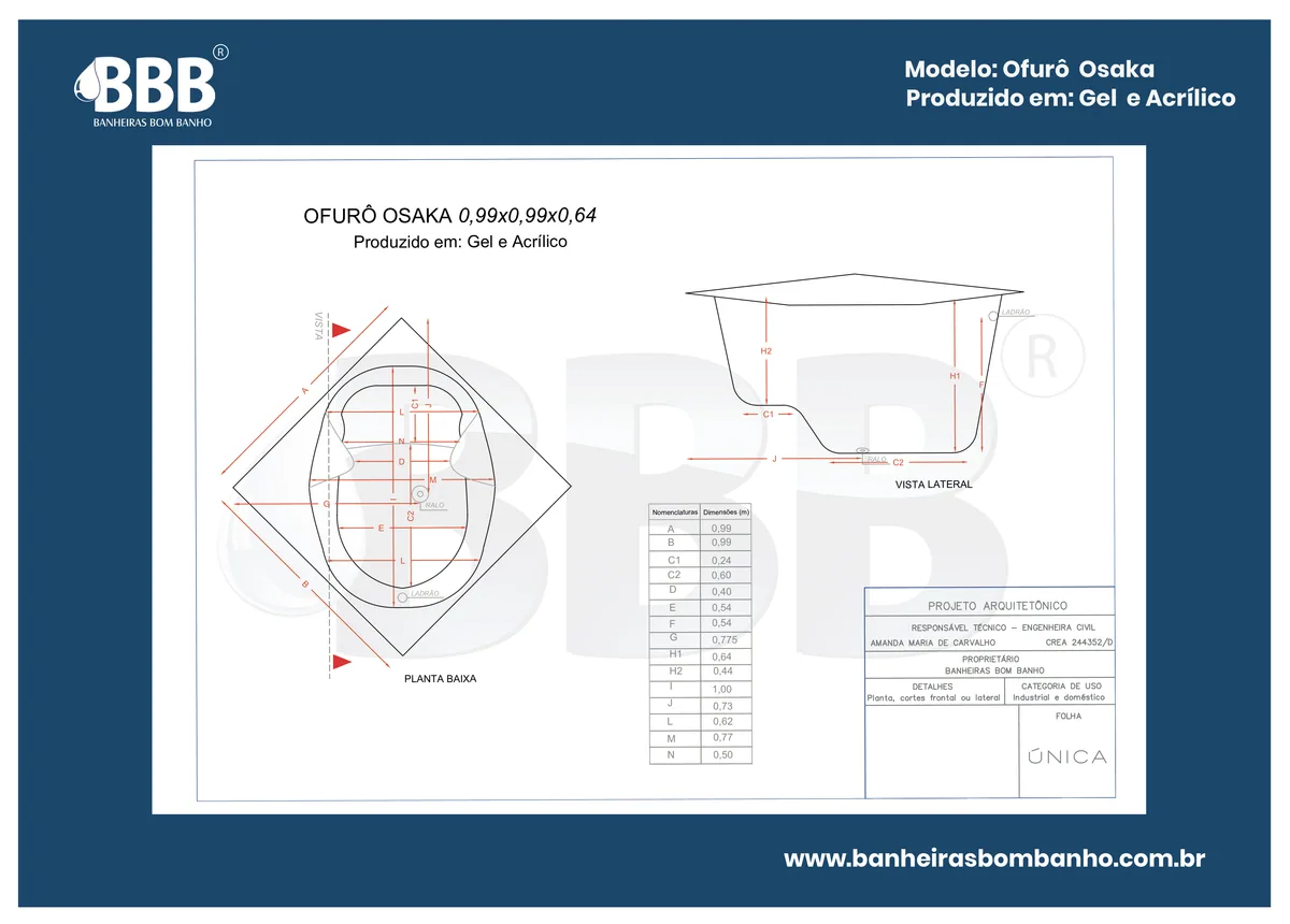 Planta técnica oficial da Ofurô Quadrado Osaka individual com hidro em acrílico, tamanho 0,99 x 0,99 x 0,64
