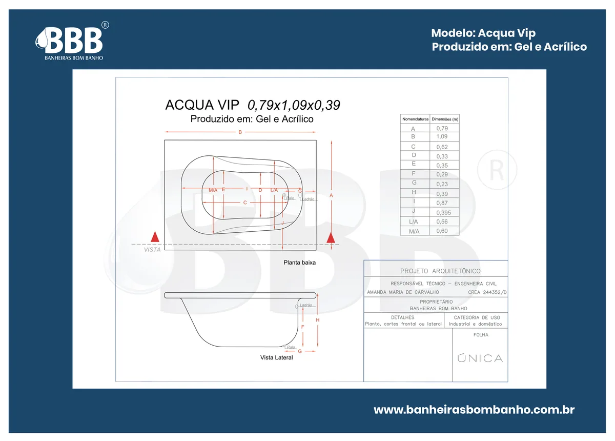 Planta técnica oficial da Banheira Acqua Vip COMPLETA com hidro em Acrílico, tamanho 0,79 x 1,09 x 0,39