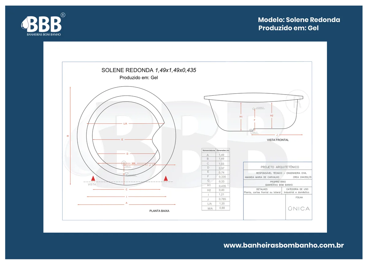 Planta técnica oficial da Banheira Dupla Solene COMPLETA com hidro em acrílico, tamanho 1,49 x 1,49 x 0,43