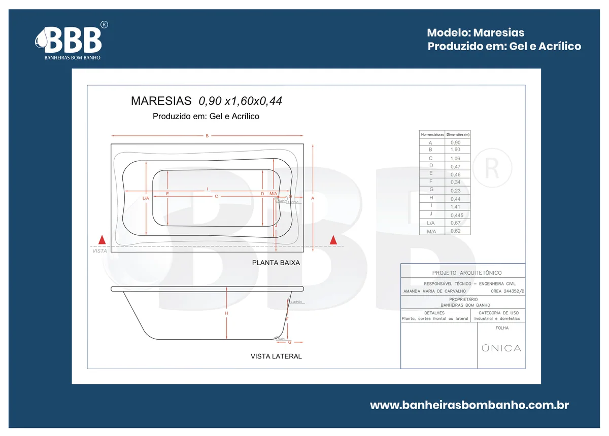 Planta técnica oficial da Banheira Retangular Maresias COMPLETA com hidro em acrílico, tamanho 0,90 x 1,60 x 0,44
