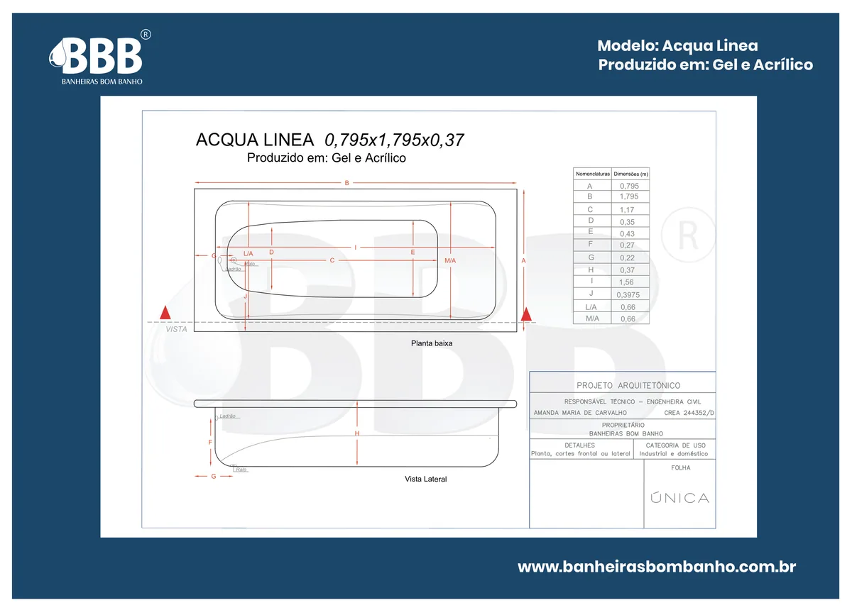 Planta técnica oficial da Banheira Acqua Línea COMPLETA com hidro em Acrílico, tamanho 0,79 x 1,79 x 0,37