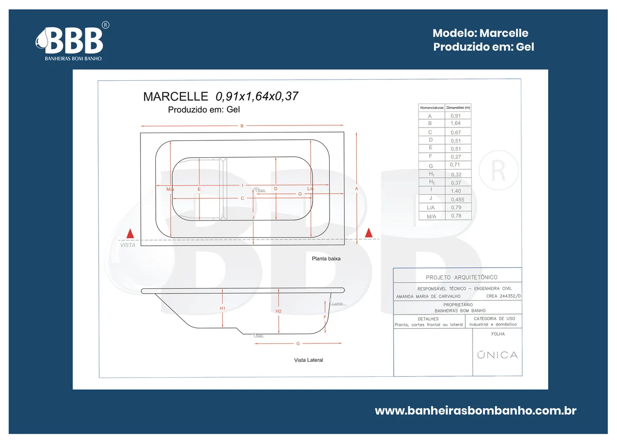 Planta técnica oficial da Banheira Retangular Marcelle COMPLETA com hidro, tamanho 0,91 x 1,64 x 0,37