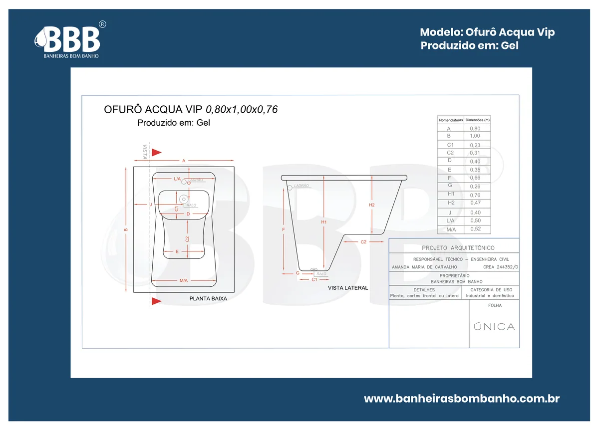 Planta técnica oficial da Ofurô Acqua Vip COMPLETO com hidro, tamanho 0,80 x 1,00 x 0,76