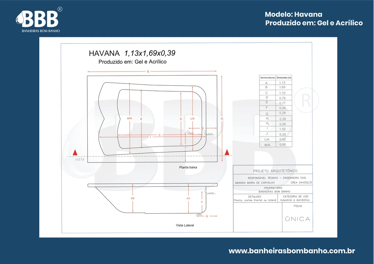 Planta técnica oficial da Banheira Dupla Havana COMPLETA com hidro, tamanho 1,13 x 1,69 x 0,39