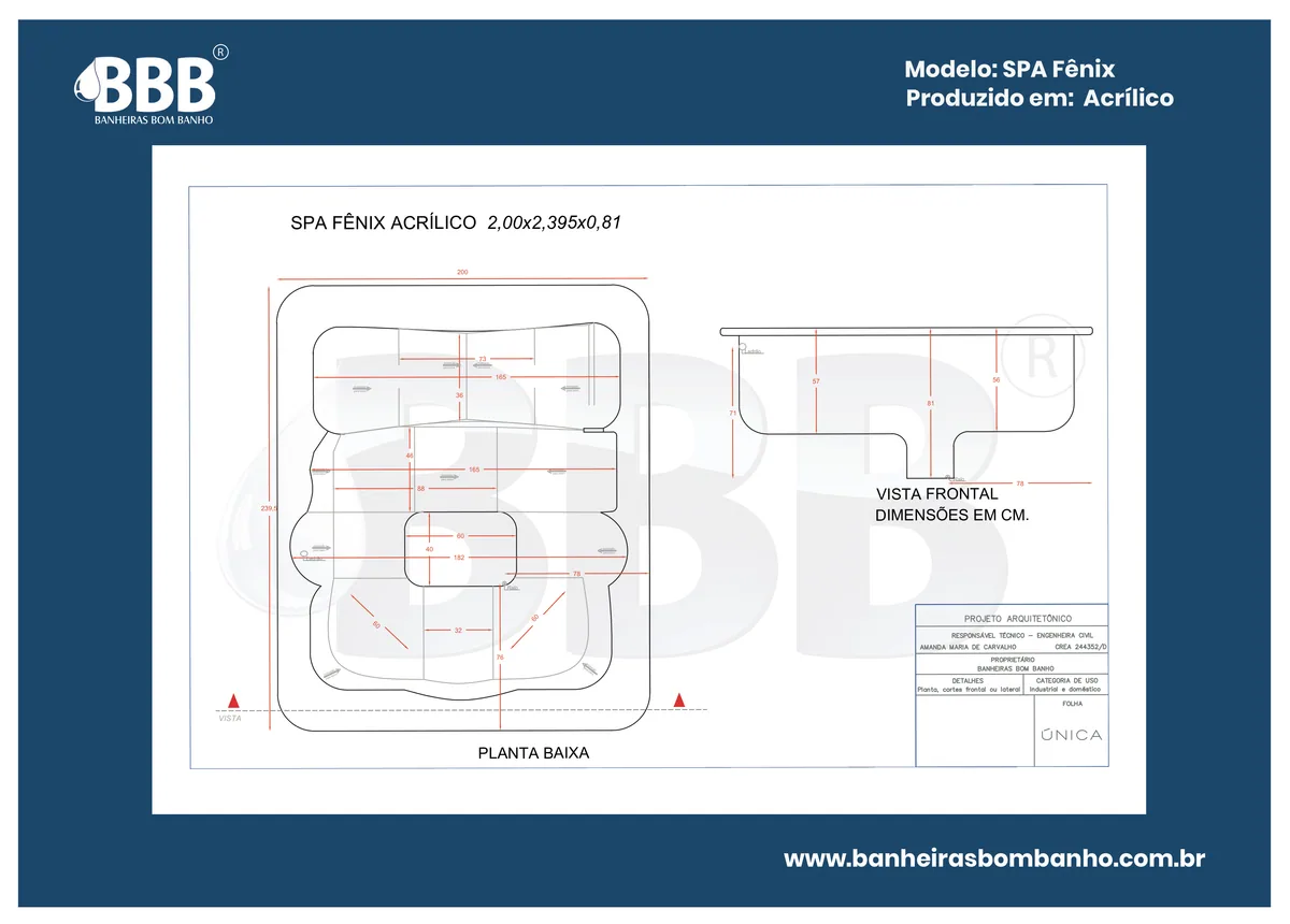 Planta técnica oficial da Spa Quadrado Fênix COMPLETO com hidro em acrílico, tamanho 2,00 x 2,39 x 0,81