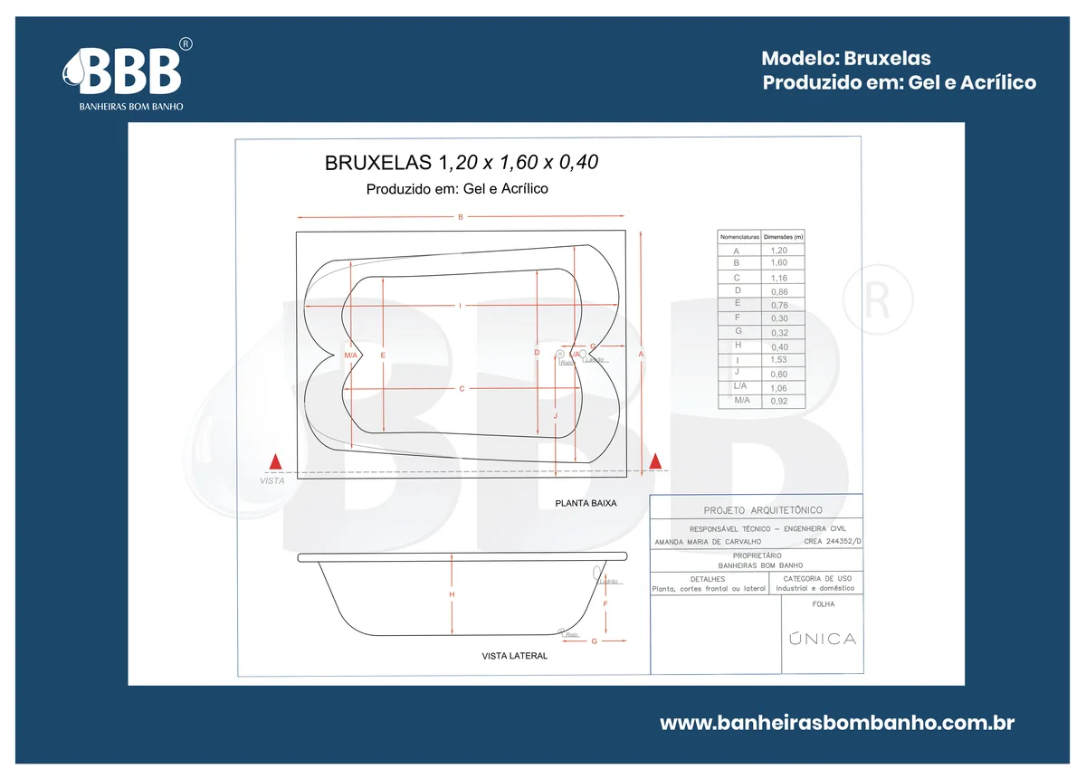 Planta técnica oficial da Banheira Dupla Bruxelas com hidro em acrílico, tamanho 1,20 x 1,60 x 0,40