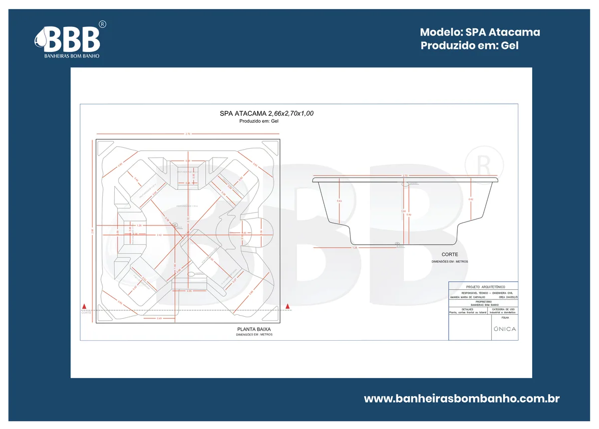 Planta técnica oficial da Spa Quadrado Atacama COMPLETO com hidro, tamanho 2,66 x 2,70 x 1,00