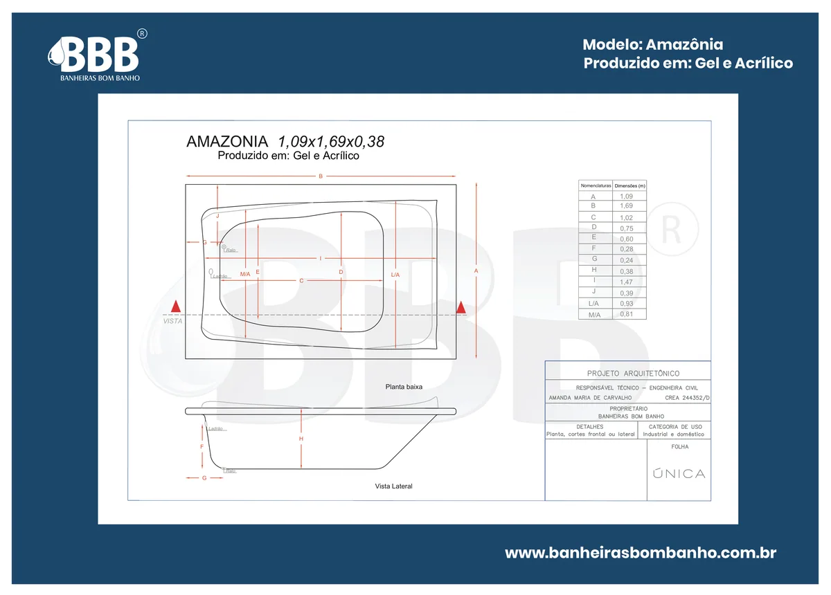 Planta técnica oficial da Banheira Dupla Amazônia COMPLETA com hidro, tamanho 1,09 x 1,69 x 0,38