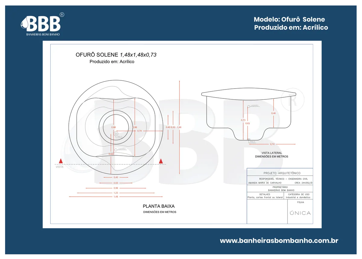 Planta técnica oficial da Ofurô Duplo Solene COMPLETO com hidro em acrílico, tamanho 1,48 x 1,48 x 0,73