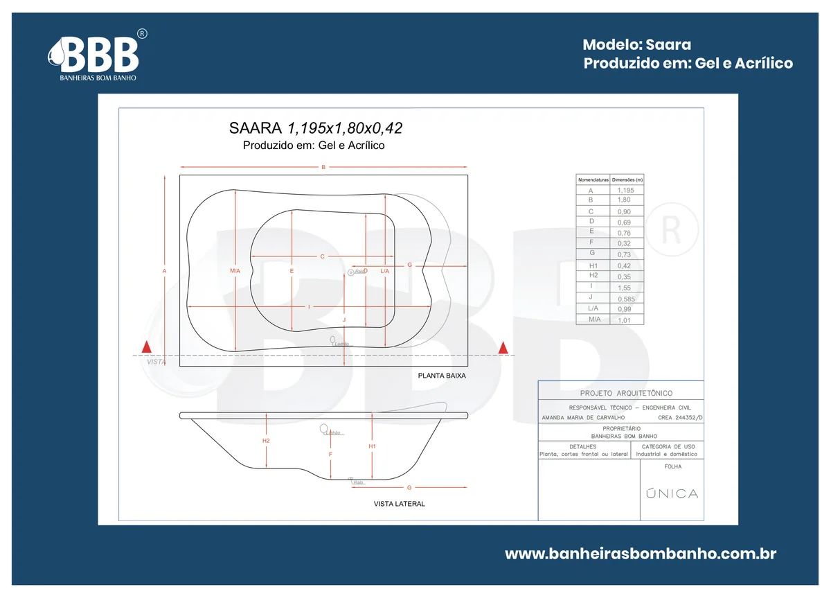 Planta técnica oficial da Banheira Dupla Saara COMPLETA com hidro, tamanho 1,19 x 1,80 x 0,42