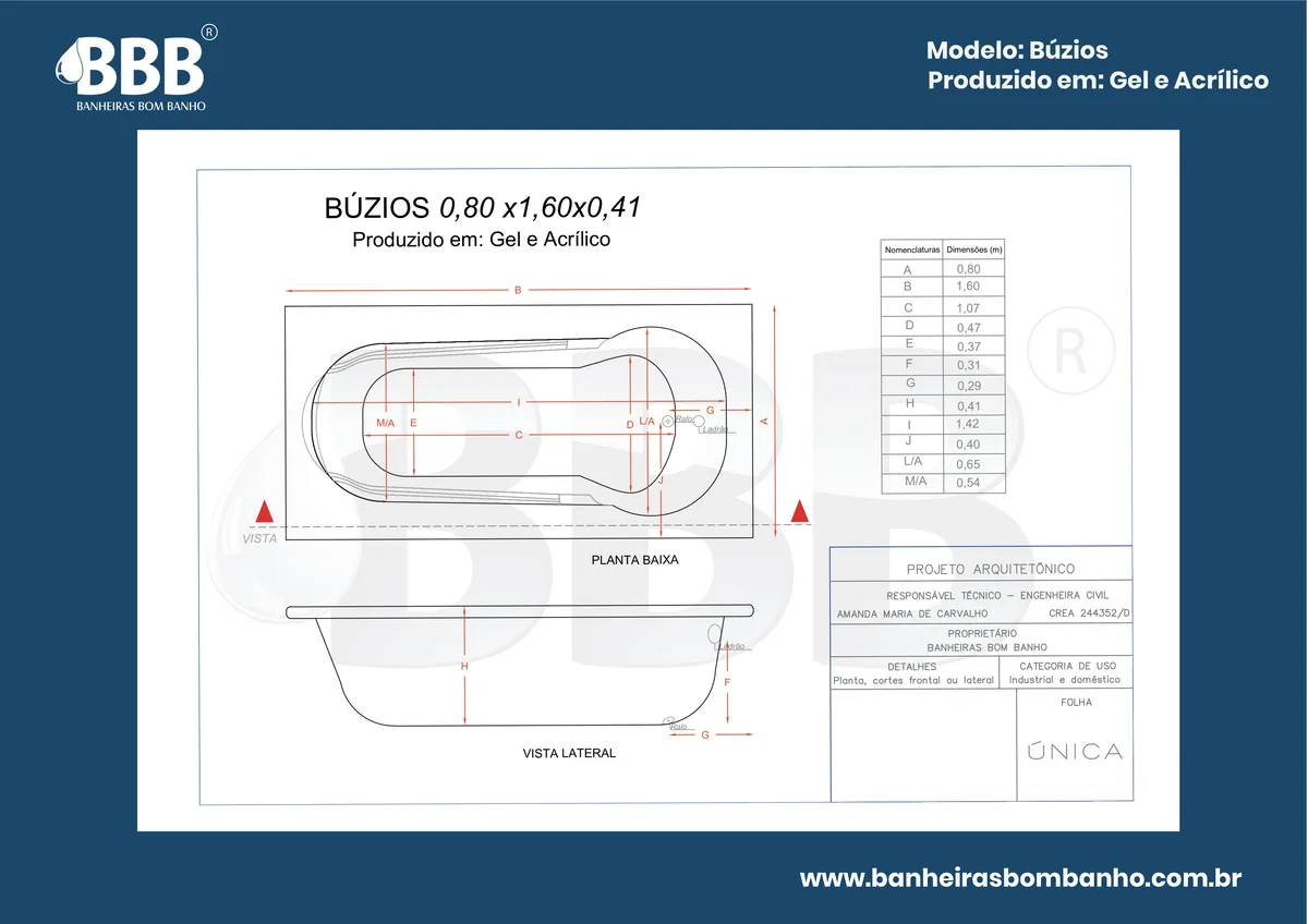 Planta técnica oficial da Banheira Retangular Búzios com hidro, tamanho 0,80 x 1,60 x 0,41