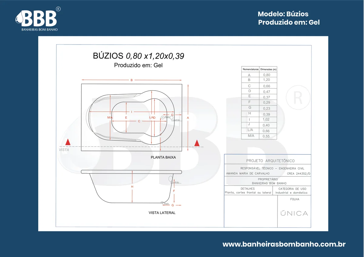 Planta técnica oficial da Banheira Retangular Búzios com hidro, tamanho 0,80 x 1,20 x 0,39